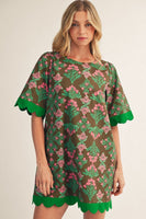 Jodifl Scallop Edge Detail Baroque Floral Shift Dress in Brown