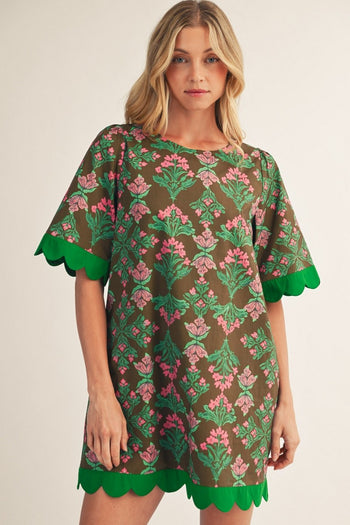 Jodifl Scallop Edge Detail Baroque Floral Shift Dress in Brown