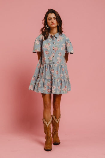 BiBi Washed Denim Floral Print Dress in Light Denim