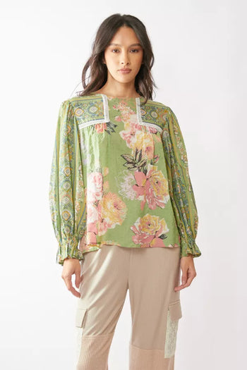 Davi & Dani Mixed Print Peasant Babydoll Top in Sage