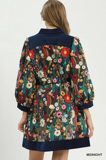 Umgee Floral Print Belted Puff Sleeve Mini Dress in Midnight