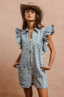 BiBi Washed Leopard Print Zip Up Front Romper in Leopard Denim