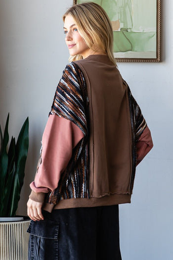 Oli & Hali Mixed Fabric Pullover Sweater Top in Mocha