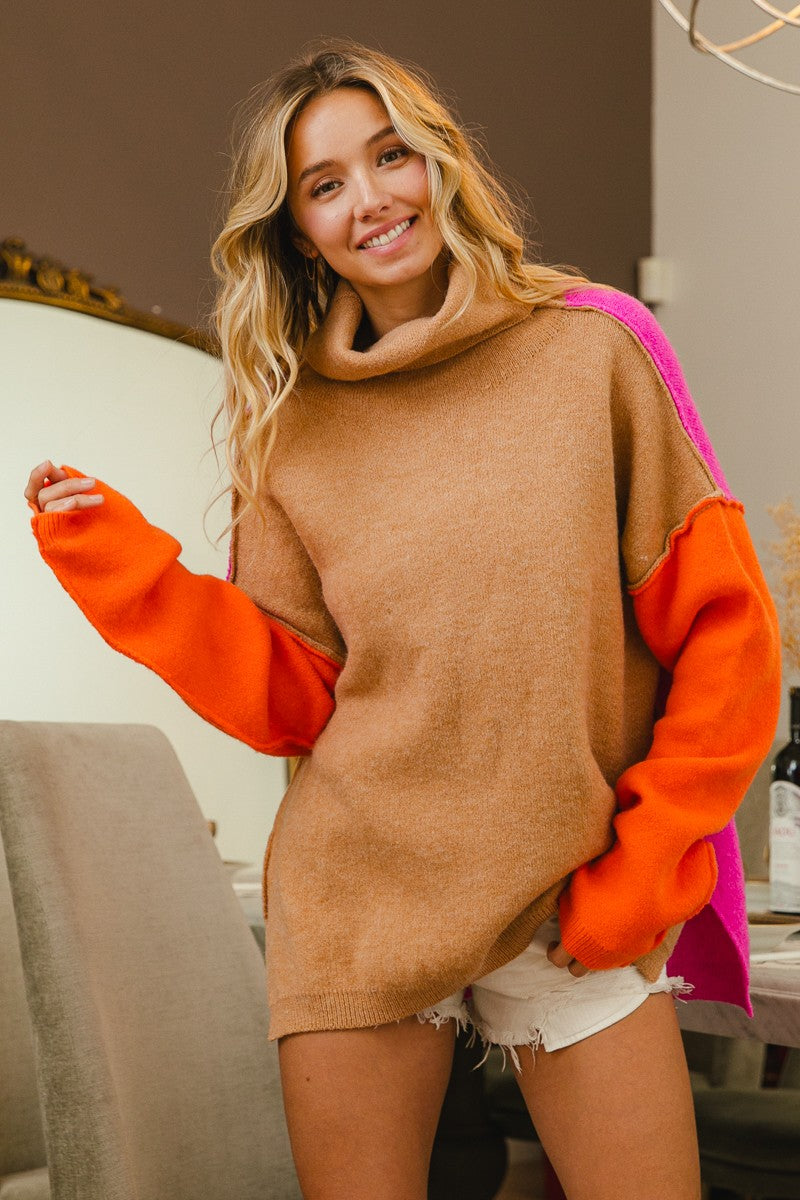 BiBi Turtle Neck Color Block Sweater in Latte/Orange/Magenta