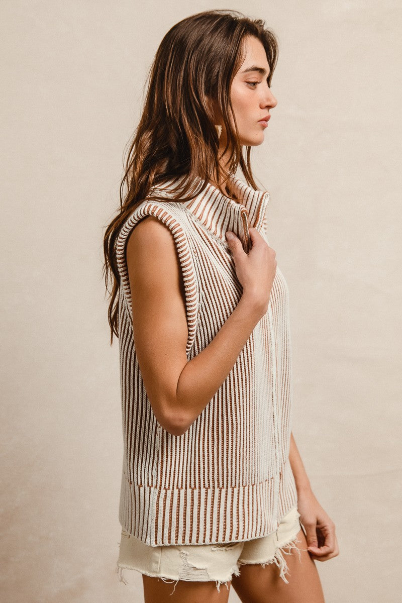Bibiy. ANGIE SLEEVELESS JACKET トップス　ベスト BiBi Two Toned Stripe Knit Sweater Zip up Vest in Ivory/Latte