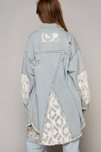 Load image into Gallery viewer, POL Oversized Distressed Crochet Patch and Denim Shacket in Striped Denim/Ivory
