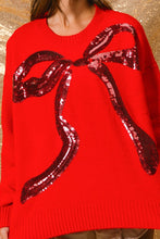 Load image into Gallery viewer, BiBi Solid Color Knit Sweater with Large Sequin Bow Front in Red
