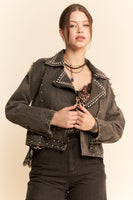 Davi & Dani Denim Jacket with Rhinestone Details in Black Denim