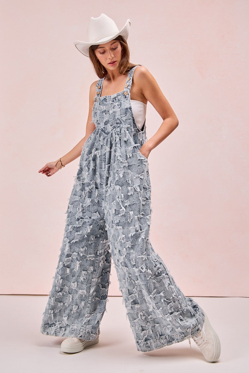 BiBi Frayed Textured Checkered Overalls in Denim – June Adel