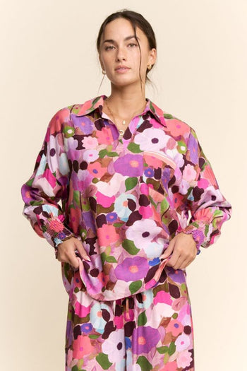 Davi & Dani Floral Print Button Down Top in Berry Pink