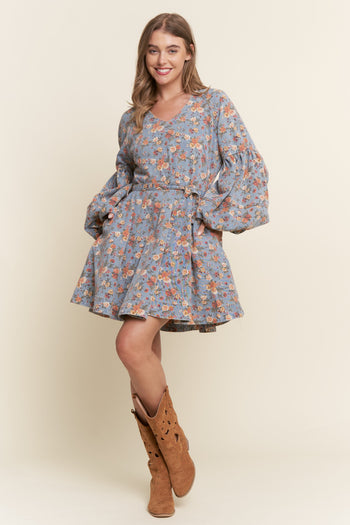 J.nna Denim Floral Print Belted Mini Dress in Floral Denim