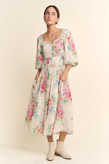 Davi & Dani Flower Printed Chiffon Midi Dress in Taupe