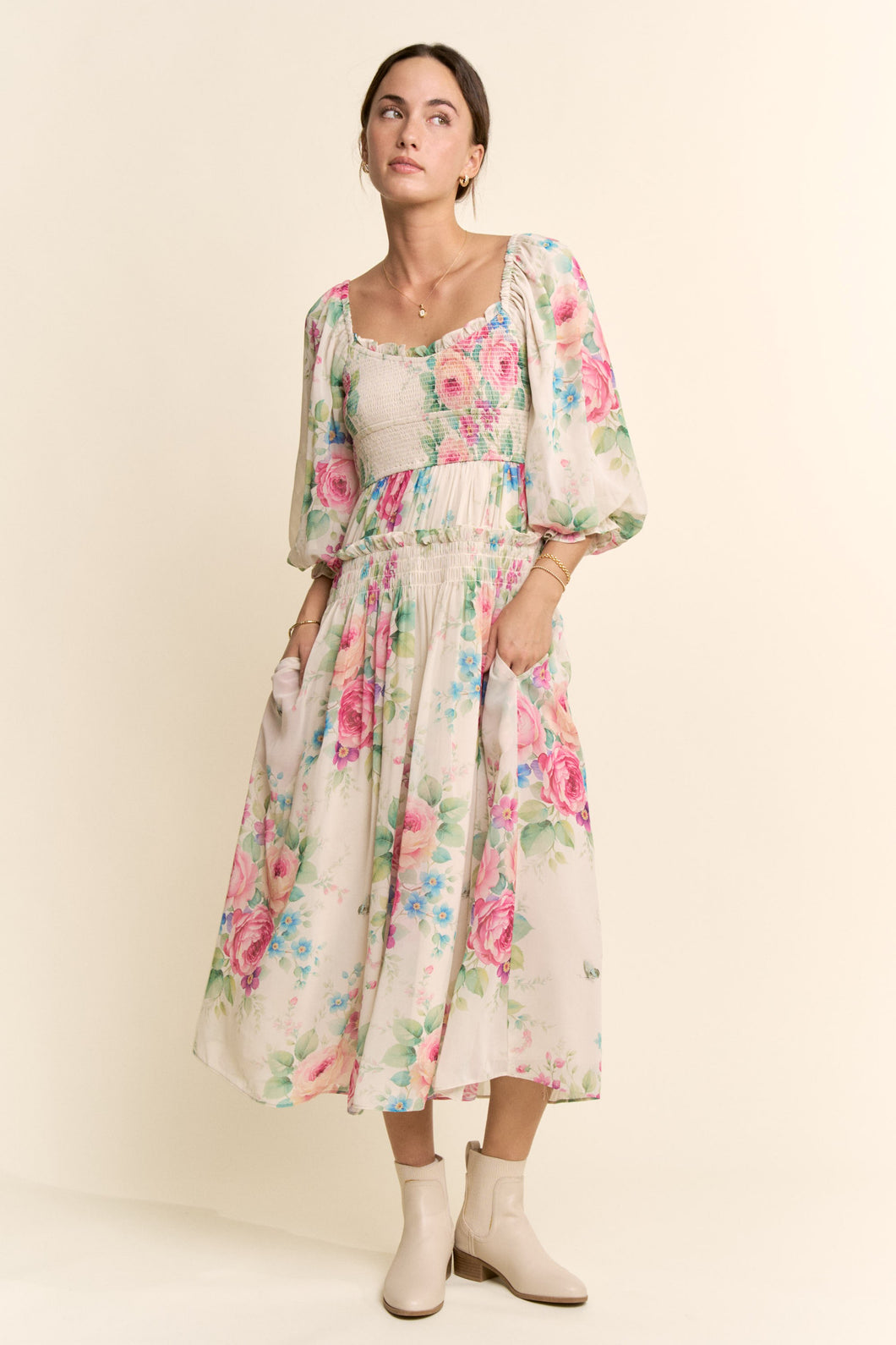 floral chiffon midi dresses Davi & Dani Flower Printed Chiffon Midi Dress in Taupe – June Adel
