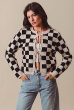Load image into Gallery viewer, So Me Contrasting Color Checkered Knit Cardigan in Oatmeal/Black
