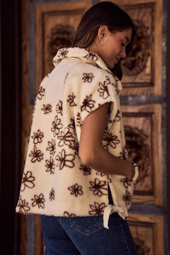 So Me Oversized Flower Sherpa Fur Vest in Brown