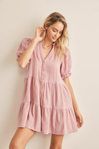 In February Button Down Tiered Dress in Pink Dress In February   