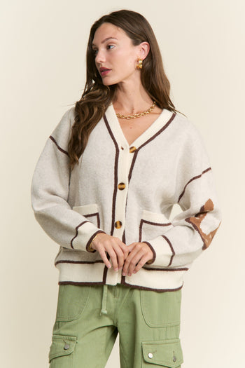 J.nna Soft Knit Horse Print Back Cardigan in Oatmeal Brown