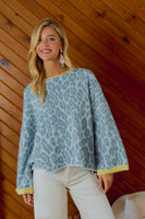 BiBi Soft Leopard Contrast Sweater in Light Blue/Lemon