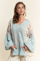 Davi & Dani OVERSIZED Hooded Mixed Fabric Top with Flower Patch in Light Blue Grey