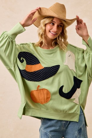 BiBi OVERSIZED Halloween Theme Patched French Terry Top in Light Olive