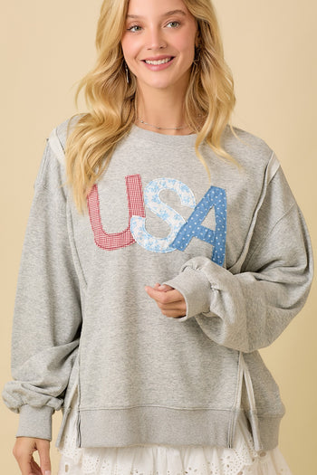 Main Strip OVERSIZED USA Letter Patched Terry Knit Top in Heather Grey