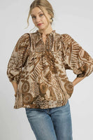 Umgee Mixed Abstract Print Top in Brown Mix