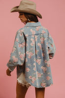 BiBi OVERSIZED Washed Denim Floral Print Shacket in Light Denim ON ORDER