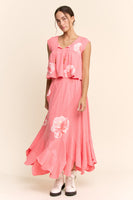 Davi & Dani Crinkled Knit Top Elastic Waist Maxi Skirt Set in Pink
