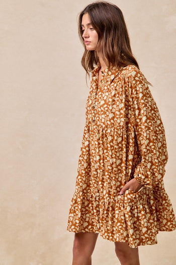 BiBi Floral Print Shirring Half Button Front Mini Dress in Rust