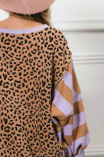 BiBi Leopard and Striped Print Top in Lavender