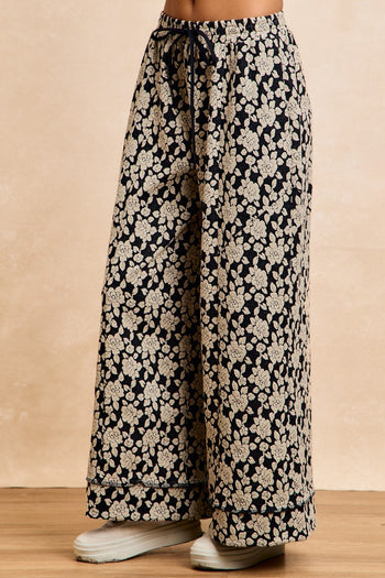 BiBi Floral Jacquard Wide Leg Pants in Black/Light Grey
