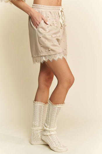 Davi & Dani Pearl Embellished and Lace Trim Shorts in Beige
