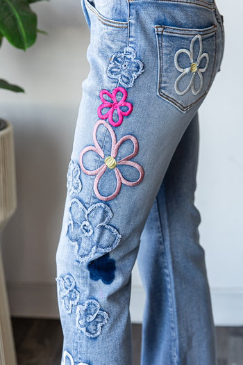 Oli & Hali Embroidered Flower Jeans in Denim/Pink Combo