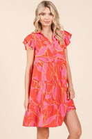 Mittoshop Leaf Print Tiered Mini Dress in Coral Combo