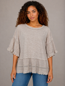 Easel Cotton Top with Gauze and Eyelet Lace Ruffles in Mushroom