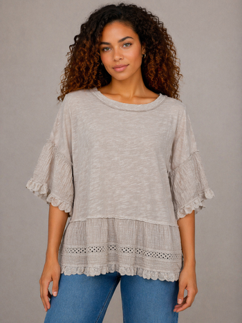 Easel Cotton Top with Gauze and Eyelet Lace Ruffles in Mushroom
