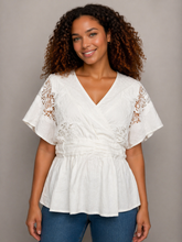 Load image into Gallery viewer, FATE Solid Color Lace and Knit Peplum Top in White
