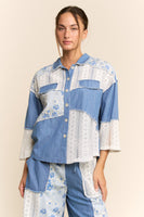 Davi & Dani Printed Denim and Lace Button Front Shirt in Light Denim Multi
