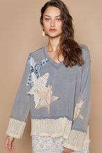 Load image into Gallery viewer, POL Solid Color Top French Terry Top with Star Patches in Blue Navy
