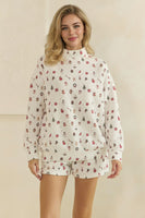 Veveret Cozy Holiday Print Lounge Mock Neck Top in White Combo