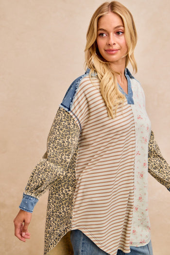 BiBi Mix N Match Long Tunic Top in Ivory/Latte Stripes
