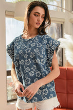 Load image into Gallery viewer, BiBi Textured Floral Top with Pearl Embellished Sleeve Cuffs in Denim
