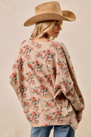 BiBi OVERSIZED Floral Print Waffle Knit Top in Taupe ON ORDER