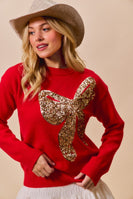 So Me Christmas Holiday Sequin Ribbon Bow Front Sweater in Red/Gold