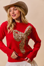 Load image into Gallery viewer, So Me Christmas Holiday Sequin Ribbon Bow Front Sweater in Red/Gold
