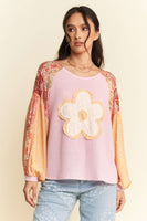 Davi & Dani Waffle Knit Top with Mix N Match Prints and Flower Patch Front in Pink Multi