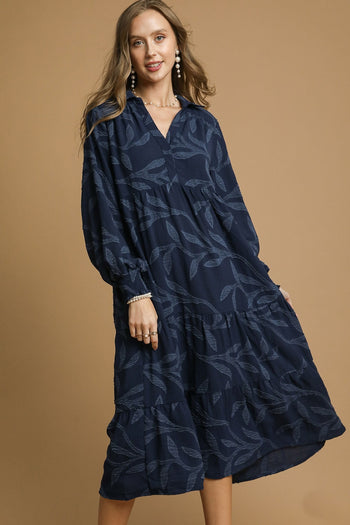 Umgee Solid Color Textured Leaf Pattern Midi Dress in Navy