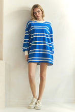 Load image into Gallery viewer, Veveret Coastal Breeze Stripe Sweatshirt Dress in Blue Combo
