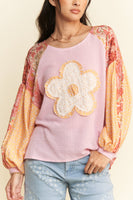 Davi & Dani Waffle Knit Top with Mix N Match Prints and Flower Patch Front in Pink Multi