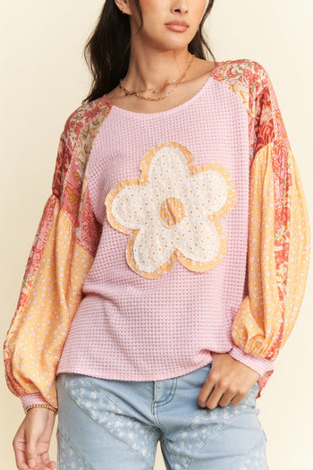 Davi & Dani Waffle Knit Top with Mix N Match Prints and Flower Patch Front in Pink Multi